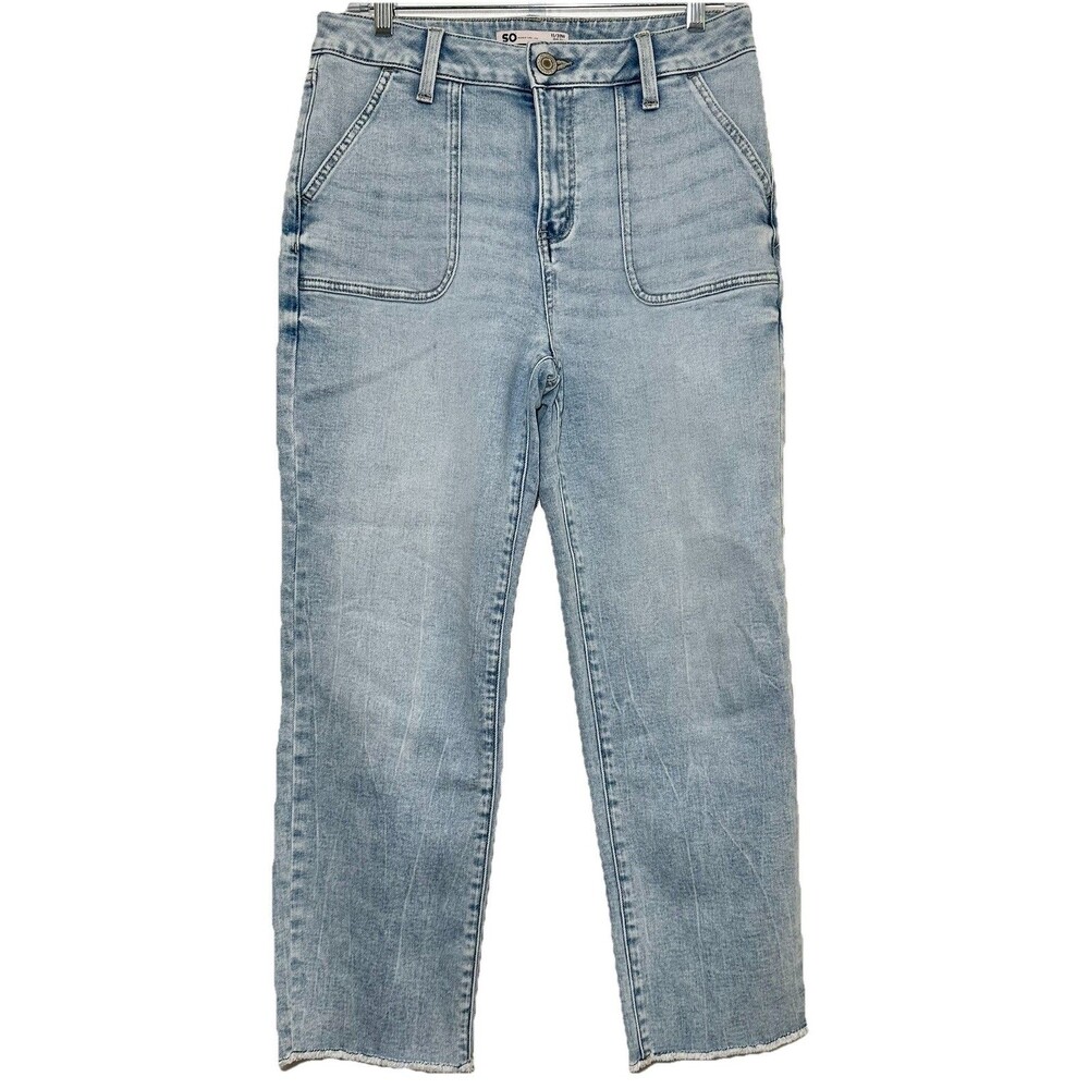 SO High Rise Crop Jeans 11 Light Wash Raw Hem Stretch Denim 30x25 Patch Pockets